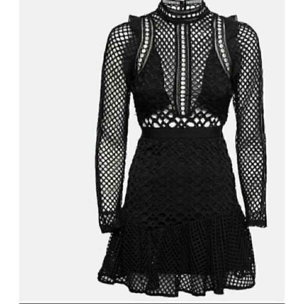 L'atiste Black Lace Lantern Crochet Long Sleeve Mini Dress S - Picture 2 of 8